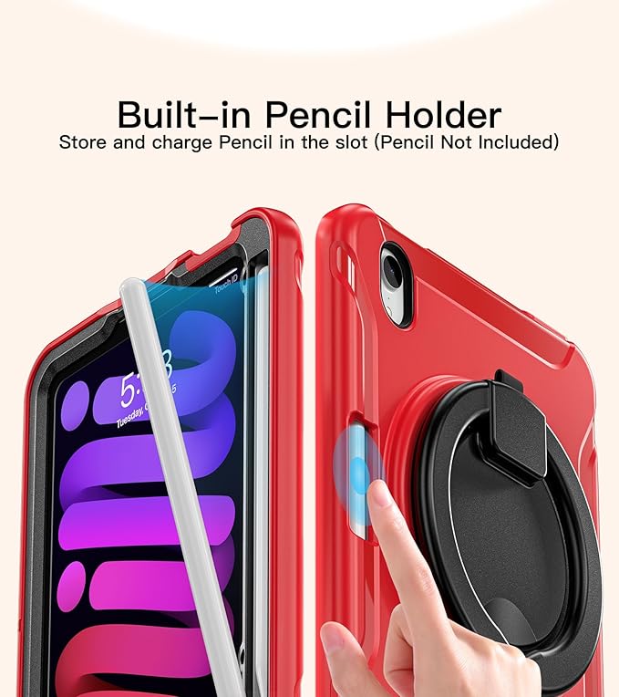 BATYUE Shockproof Case for iPad mini 7 (A17 Pro)/ Mini 6 8.3 inch (2024/2021) - 360° Multi-Angle Stand (Portrait &amp Landscape) &amp Grip Built-in Pencil Holder Red