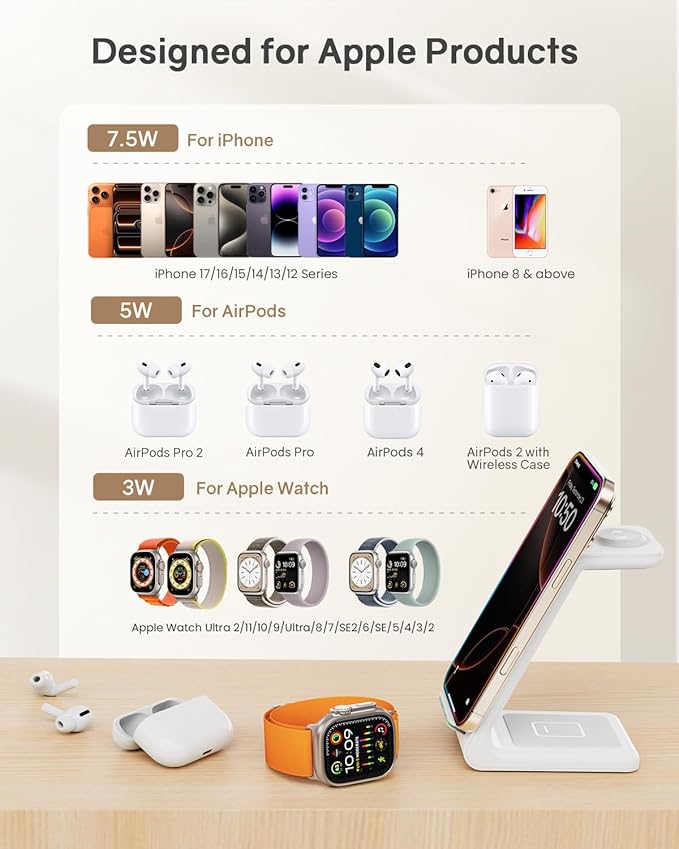 Wireless Charging Station for Apple - 3 in 1 Wireless Charger Stand Dock Watch and Phone Charger Station for Apple Watch 11/8/7/SE/6/5/4/3/2 iPhone 17 16-12 Pro Max SE XS X Samsung AirPods Pro/3/2