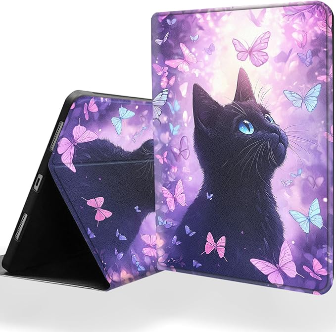 Tablet Case for iPad 10th Generation 10.9 Inch with Magnetic Auto Wake/Sleep and Multi-Angle Adjustable Stand Cover - Black Cat Purple Butterfly