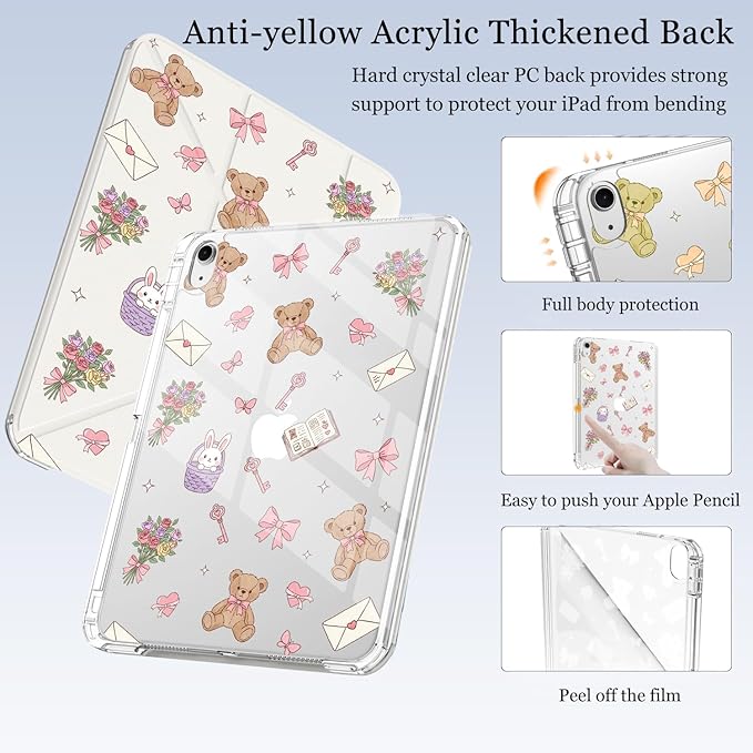 Cute Kawaii Bear Bow for iPad Pro 11 Inch Case 4th/3rd/2nd Generation 2022/2021/2020 with Pencil Holder Auto Sleep/Wake White Leather Acrylic Back Detachable Cover
