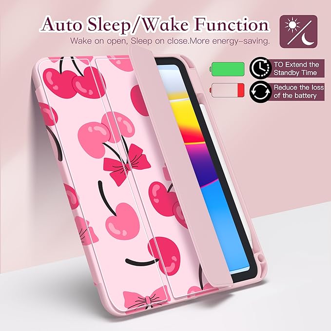 CISSOOK Case for iPad (A16) 11 inch 2025 &amp 10.9 inch iPad 10th Generation 2022 3D Pattern Slim Lightweight Protective Cover with Stand Auto Wake/Sleep Function Pink Cherry