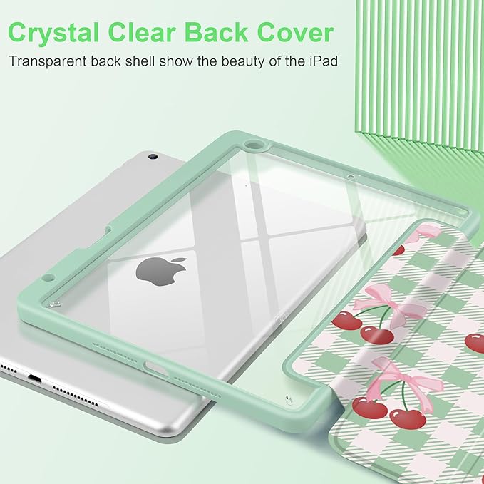 DONGKE for iPad 9th/8th/7th Generation Case 10.2 Inch (2021/2020/2019) [Auto Sleep/Wake &amp Pencil Holder] Clear Acrylic Back Trifold Stand Cover Green Cherry