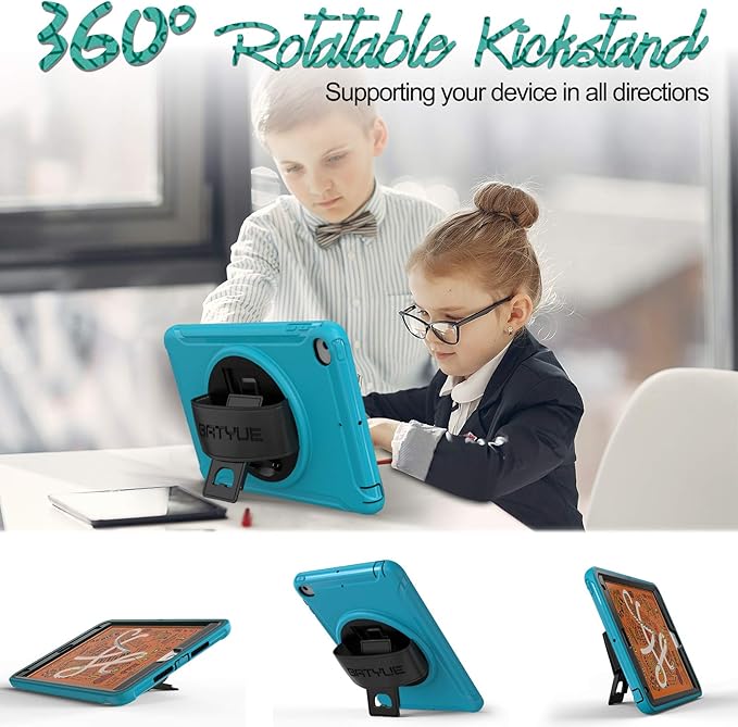 BATYUE for iPad mini 5/4 7.9 Inch Case (2019/2015) Shockproof Cover with 360° Kickstand &amp Pencil Holder Comfortable Leather Hand Strap for Easy Grip - Light Blue