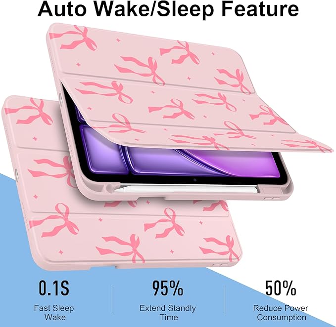 MecBevia Case for iPad Air 11-inch M4 2026 / M3 2025 / M2 2024 Slim Protective Cover with Built-in Pencil Holder Auto Wake/Sleep Pink Bow