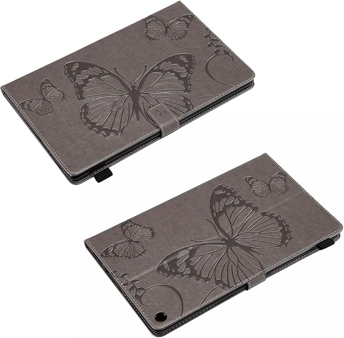 Kindle Fire HD 10 Tablet 2019/2017 Case 9th/7th Generation 10.1 with Pencil Holder Pockets [Auto Sleep/Wake] Folio Stand Embossed PU Leather Magnetic Smart Wallet TPU Cover Gray Butterfly