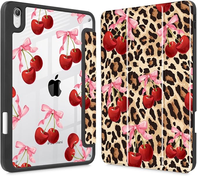 May Chen Slim Case for iPad mini 7 (A17 Pro 7th Generation) 2024 / iPad mini 6 (6th Gen) 8.3 Inch [Built-in Pencil Holder] Shockproof Cover Clear Clear Back Shell Auto Wake/Sleep Cherry &amp Cheet