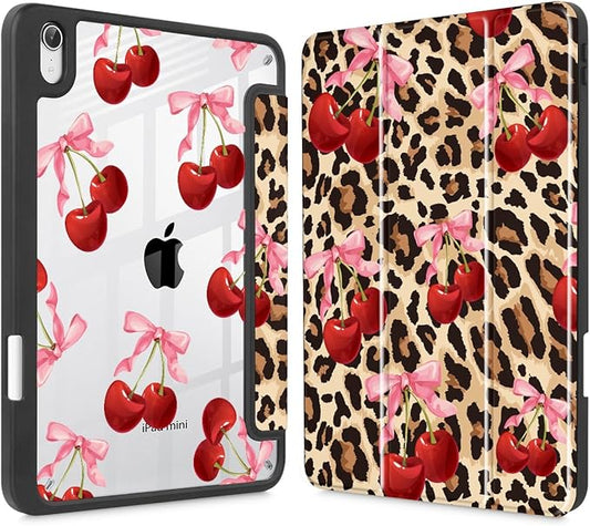 May Chen Slim Case for iPad mini 7 (A17 Pro 7th Generation) 2024 / iPad mini 6 (6th Gen) 8.3 Inch [Built-in Pencil Holder] Shockproof Cover Clear Clear Back Shell Auto Wake/Sleep Cherry &amp Cheet