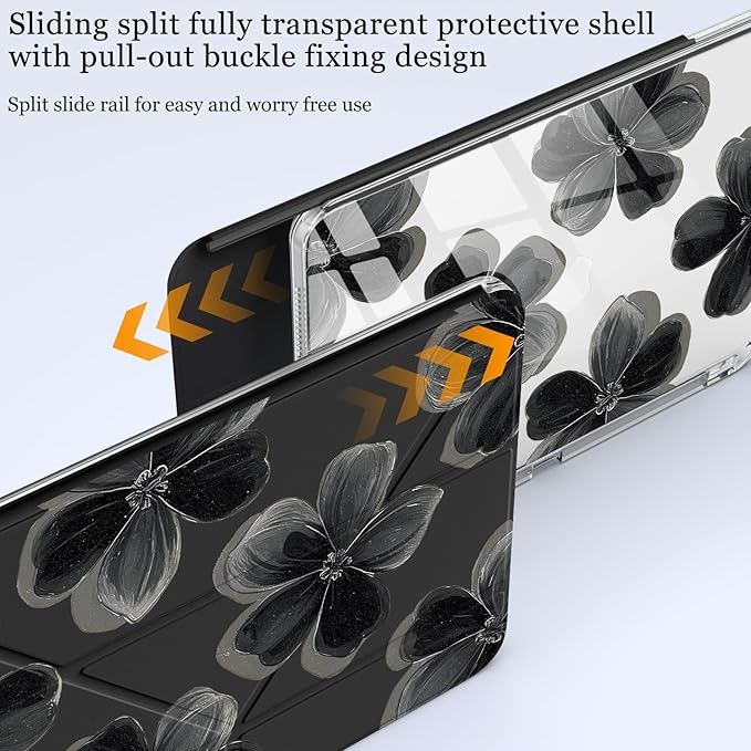 Cute Floral Flower for iPad Pro 11 Inch Case (M5/M4) 2025/2024 with Pencil Holder Auto Sleep/Wake Black Leather Acrylic Back Detachable Cover