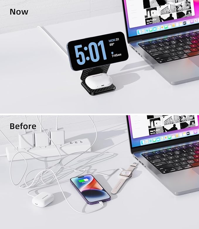 Foldable Magnetic Wireless Charger KU XIU X40 Aluminum Alloy 3 in 1 Charging Station for Apple Fast Mag-Safe Charger for iPhone 17 16 15 14 13 Series 5W for iWatch AirPods 4/3/2/Pro Carbon Fiber