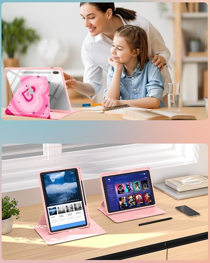 for Samsung Galaxy Tab S10 Fe Case - Tab S9 Fe/S9 Case with Pencil Holder Women Girls Cute Girly Pretty Pink Heart Unique Aesthetic Design Teens Rotating Tablet Cases Cover