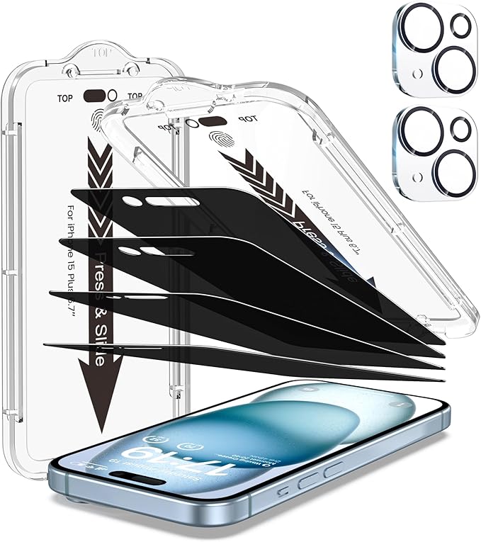 EZ-GLAZ- 4 Pack for iPhone 15 Plus Privacy Screen Protector [6.7] With 2 Pack Camera Lens Protector 9H+ Hardness 12FT Military Grade Shatterproof Scratch Resistant Durable Tempered Glass Film with F