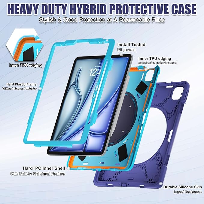 SCSVPN Case for iPad Air 13 inch M4 2026/ M3 2025/ M2 2024 &amp iPad Pro 12.9'' 6th/5th/4th/3rd Generation 2022 2021 2020 2018 Protective Cover with Pencil Holder-Stand-Handle-Shoulder Strap Navy B