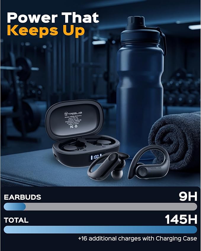 TREBLAB X3 Pro - Sports Wireless Ear Buds Bluetooth - Comfortable Workout Headphones with Secure Ear Hooks 9H Long Battery Life IPX5 Sweatproof Earphones Noise Isolation Over Ear Earbuds