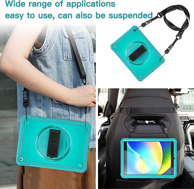 BRAECNstock for iPad 9th/ 8th/ 7th Generation Case 10.2 2021/2020/2019Shockproof Cover with 360° Rotating Hand Strap/StandScreen ProtectorCarrying Shoulder StrapPencil Holder(Light Blue)