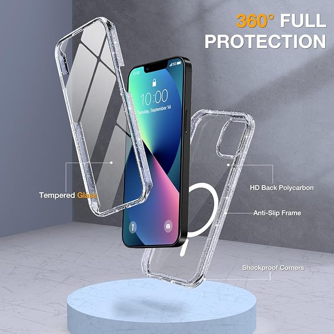 Miracase for iPhone 13 Case 6.1'' [Bubble Free] Full-Body Bumper Phone case with Built-in Full Glass ScreenNo GapCompatible with MagSafeDrop Proof 13 CoverClear Glitter