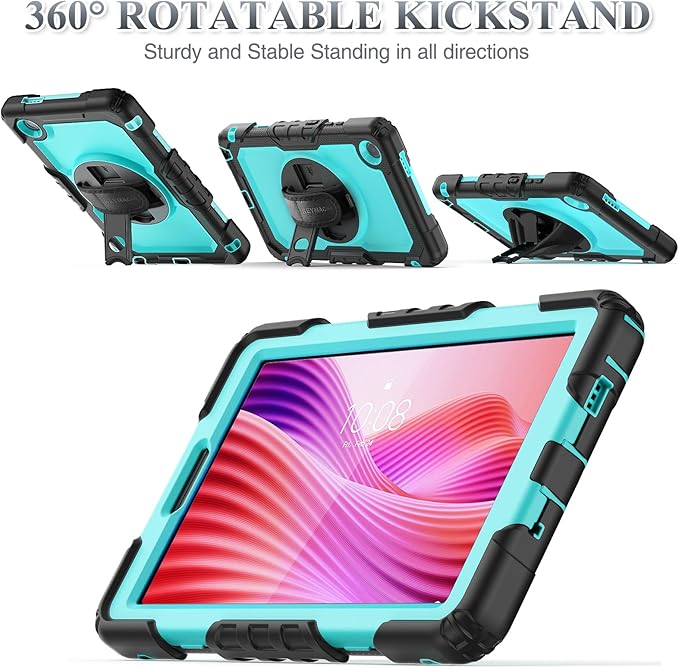 SEYMAC stock Tablet Case for Lenovo Tab One (TB305FU) 8.7 inch Drop-Proof Protection Cover with 360° Rotate Stand &amp Strap [Pen Holder] &amp Screen Protector/K9 2025 SkyBlue+Black