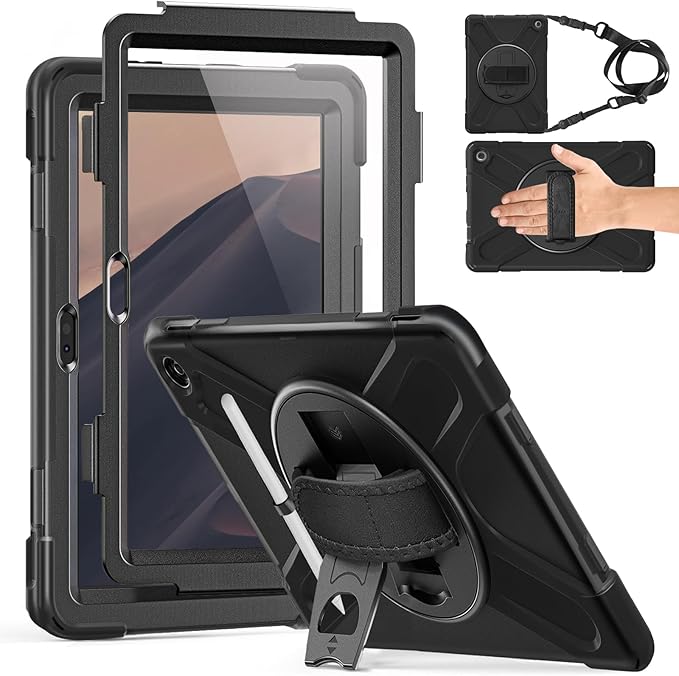 Weuiean Case for 10/10 Plus 13th Generation 10.1 2023 Military-Grade Heavy-Duty Shockproof Cover with 360° Rotating Stand Built-in Pencil Holder &amp Adjustable Hand/Shoulder Strap - Black