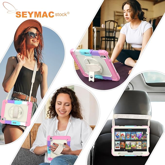 SEYMAC stock Case for iPad Air 11-inch M4-M2 2026-2024 (Gen 8-6) Shockproof Heavy Duty Case with Screen Protector Pencil Holder Rotating Stand Hand Strap Shoulder Strap Pink