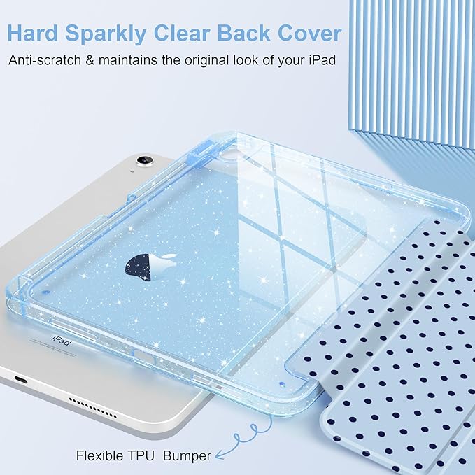 TWOLSKOO Sparkly Case for iPad Pro 11 inch (M5 2025 / M4 2024) Glitter Hard Acrylic Back with Pencil Holder Slim Trifold Stand Folio Cover Auto Sleep/Wake Blue Polka Dot