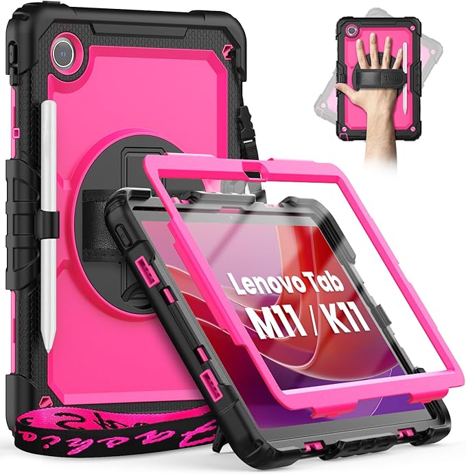 timecity Case for Lenovo Tab M11 (TB330FU/TB330XU) 11 Inch Tablet Case with Pen Holder/Stylus Holder/Screen Protector/360° Hand Strap for Tab K11 LTE 2024/ Lenovo Xiaoxin Pad 2024 (TB331FC) - Rose
