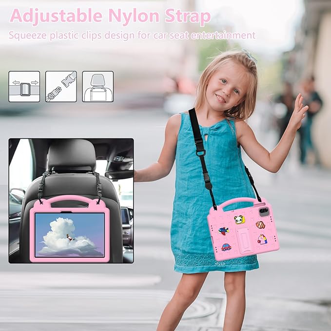Compatible with Honor Pad X8a 2024/Infinix Xpad 11 inch 2024 Tablet Case Kids Friendly Universal Lightweight Shockproof Protective Case with Shoulder Strap &amp Stand Handle Pink