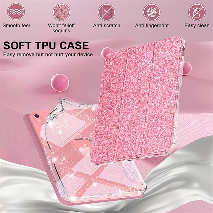 Case for iPad (A16) 11th Generation 11 inch 2025 &amp iPad 10th Generation 10.9 inch 2022 with Stand/Pencil Holder [Auto Wake/Sleep] Glitter Bling PU Leather &amp Clear Soft TPU Back Shell Pink