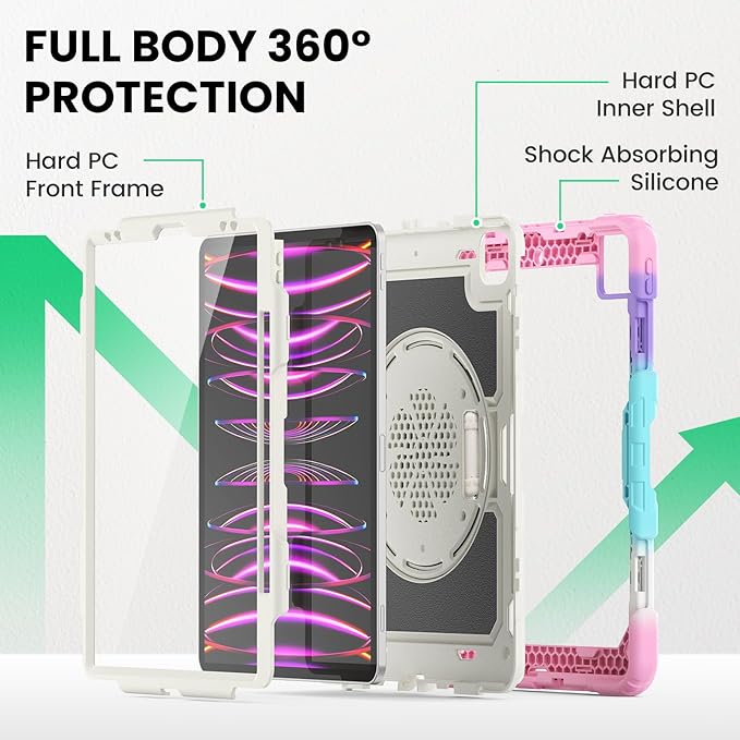 SEYMAC Case for iPad Pro 12.9 2022/2021/ 2020/2018 Heavy Duty Protection Shockproof Case with Screen Protector 360° Rotating Stand/Handle/Shoulder Strap Supports Pencil 2 Charging Colorful Pink