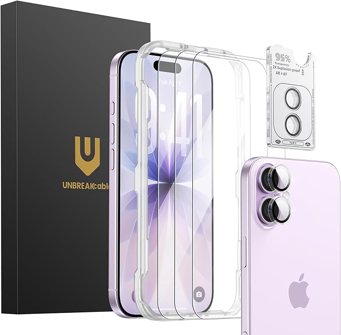 UNBREAKcable iPhone 17 Screen Protector 3-Pack with Camera Protection | 9H Hardness | HD Clarity | Anti-Fingerprint | Case Friendly | 6.3 Inch | 3 Tempered Glass + 3 Camera Lens Protectors