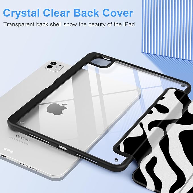 TWOLSKOO Case for iPad Pro 11-inch (M5 2025 / M4 2024) Clear Acrylic Back with TPU Bumper Pencil Holder Trifold Stand Auto Sleep/Wake Black Waves