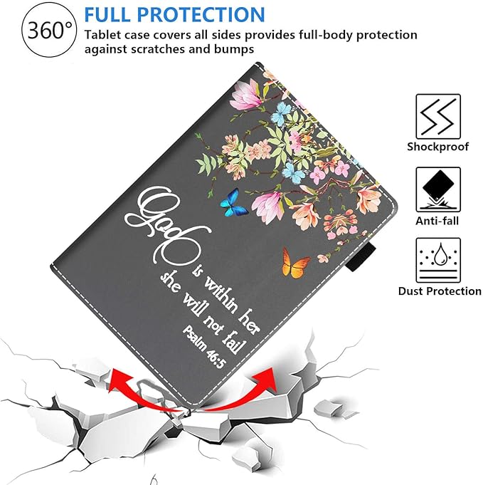 Case for Amazon Kindle Fire HD 10 Tablet (10.1 Inch 9th/7th Generation 2019/2017 Release) Premium PU Leather Stand Cover with Auto Wake Sleep Floral Quote Bible Verse Psalm 46:5