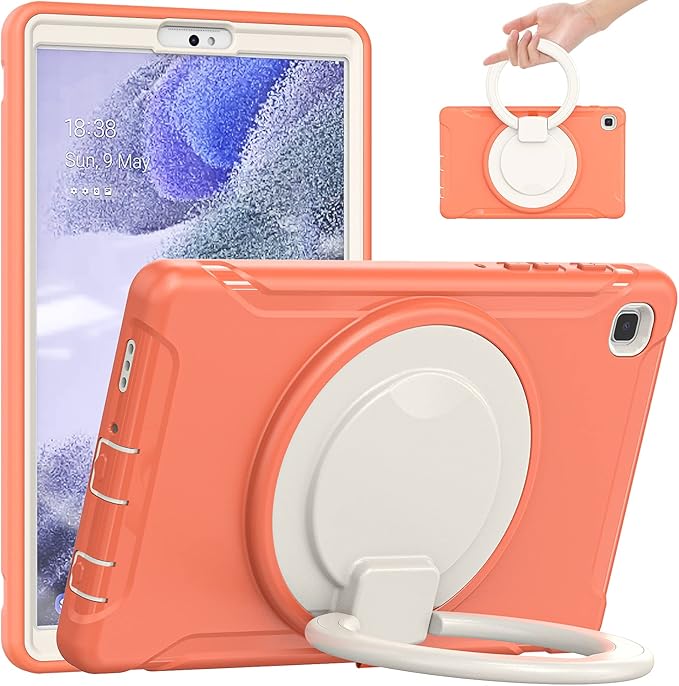 Shockproof Case for Samsung Galaxy Tab A7 Lite 8.7 Tablet Techcircle Rotating Stand Handle Heavy Duty Bumper Hybrid Cover Protective Case for Galaxy Tab A7 Lite (2021) SM-T220/T225 Coral Orange