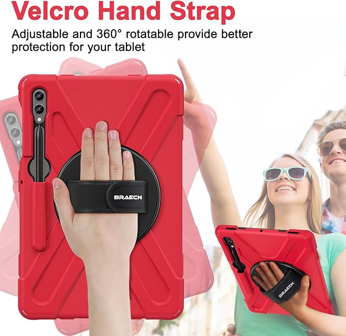 BRAECN for Samsung Galaxy Tab S10 Plus Case 2024/S9 Plus/S9 FE+/S8 Plus/S7 Plus /S7 FE 12.4 InchHeavy Duty Shockproof Case with S Pen Holder&amp360 Rotating Hand Strap/Kickstand Shoulder StrapRed