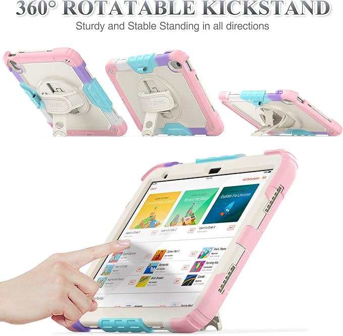 SEYMAC stock Case for iPad (A16) 11th/10th Generation 11''/10.9'' 2025/2022 Full-Body Drop Protection Case with Screen Protector &amp360° Rotate Hand Strap/Stand Yellowish+Pink