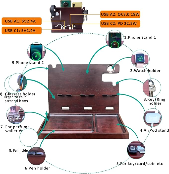 USB Charging Station for Multiple Devices Wood Phone Docking Station with QC3.0 &amp PD 22.5W Type c Charger Fast Charging for iPhone Samsung Google Andriod Smart Watch Earbuds Gifts for Men