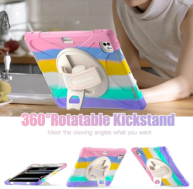 BRAECNstock Kids Case for Apple iPad Pro 13 inch M5 2025 / M4 2024 Shockproof Protective iPad 13 Pro Case with Pen Holder [360 Rotating Hand Strap &amp Stand] Shoulder Strap Colorful Pink