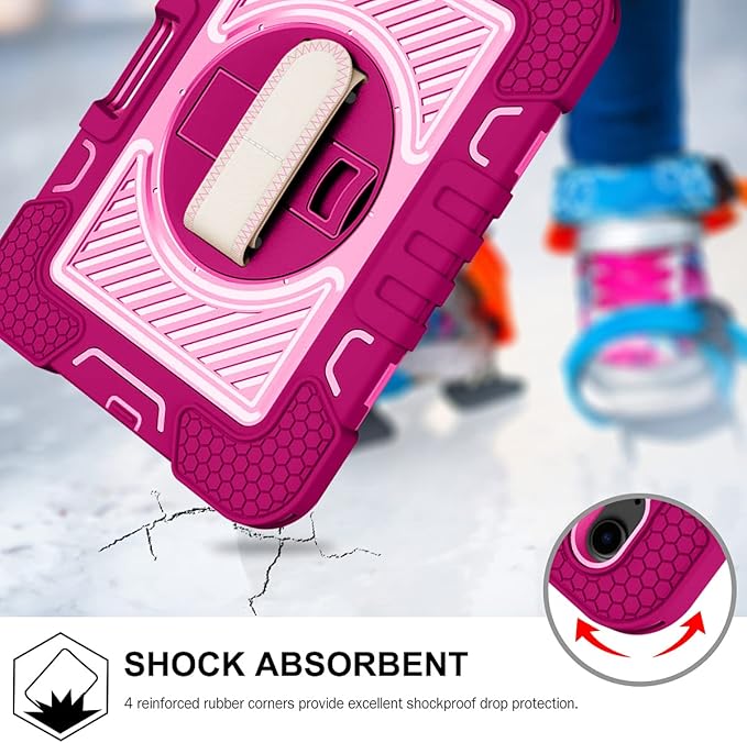 Shockproof Case for iPad mini 2024 (A17 Pro) iPad mini 6 2021 Cover with Shoulder Strap Techcircle Heavy Duty Rotating Kickstand Hand Strap Rugged Protective Case w/Pencil Holder Rose+Pink