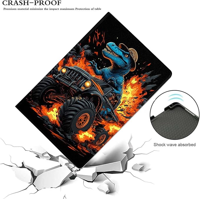 Case for Samsung Galaxy Tab A11/A9 8.7 Inch 2025/2023 CaseSlim Lightweight PU Leather Cover with Auto Wake/SleepAdjustable Viewing Angles.Dinosaur in Monster Truck