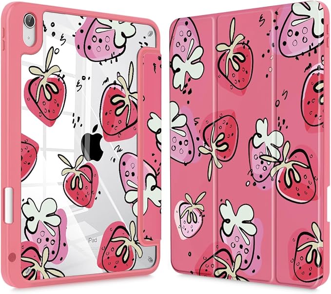 Tuiklol for 2025 iPad (A16 Chip) 11th Generation 11 inch/iPad 10th Generation 10.9 inch 2022 Case Buit in Pencil Holder with Clear Back Shell Cover Trifold Stand Auto Wake/SleepStrawberries