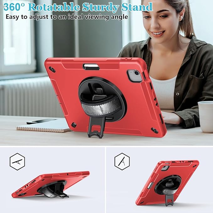 Case for iPad Air 13 Inch M4/M3/M2 (2026/2025/2024): TPU Shockproof Case with Screen Protector - Stand - Handle - Shoulder Strap - Pen Holder-Red