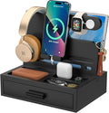 Sephyroth Bamboo Phone Docking Station Nightstand Organizer Bedside Organizer Cell Phone Stand Gifts for Men Dad Gifts for Boyfriend Gift for Husband with Drawer Storage (Black)