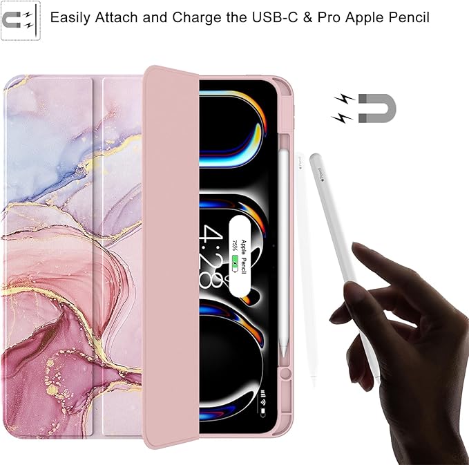 Soke Case for New iPad Pro 13 Inch (M5/M4 2025/2024 Release) with Pencil Holder Trifold Stand Shockproof [Support Apple Pencil Charging + Auto Wake/Sleep] Soft TPU Back Cover Dreamy Marble
