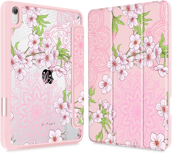 Mektron Printed Case for iPad mini 7 (A17 Pro) 2024/ Mini 6 2021 iPad mini 7th/6th Generation 8.3-inch Liquid Retina Display Cover Buit in Pencil Holder with Clear Back Shell Blossom Sakura-Pink