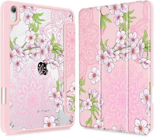 Mektron Printed Case for iPad mini 7 (A17 Pro) 2024/ Mini 6 2021 iPad mini 7th/6th Generation 8.3-inch Liquid Retina Display Cover Buit in Pencil Holder with Clear Back Shell Blossom Sakura-Pink