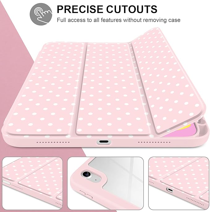 Case for iPad A16 11th Generation 11 inch 2025 iPad 10th Generation 10.9 inch 2022 -[Built-in Pencil Holder] Shockproof Clear Hard Back Trifold Stand Auto Wake/Sleep Pink White dot