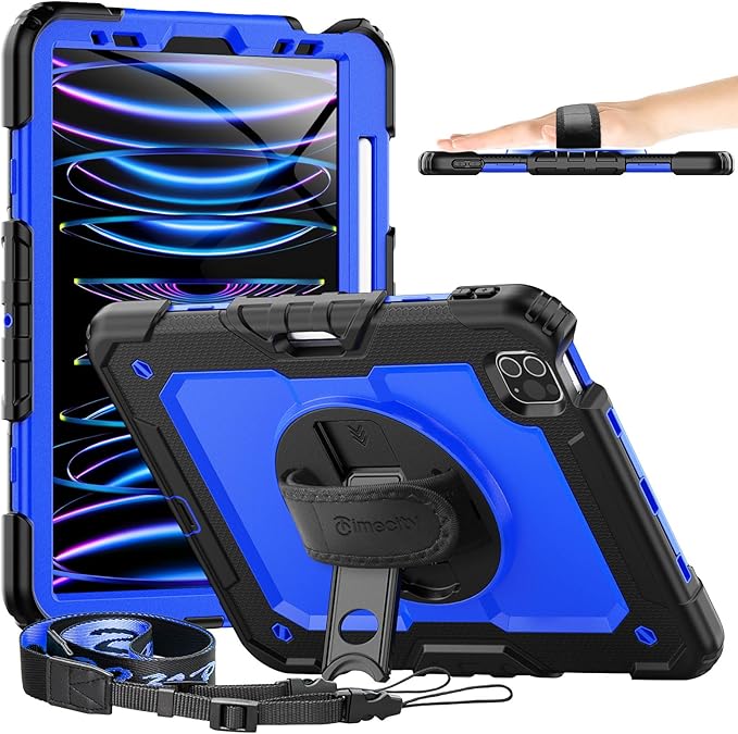 Timecity Case for iPad Pro 11 inch 4th Generation 2022 Shockproof Case with Screen Protector &ampPencil Holder+Rotating Stand+Handle for iPad Pro 11 2021/2020/2018 (3rd 2nd 1st Gen) - Dark Blue