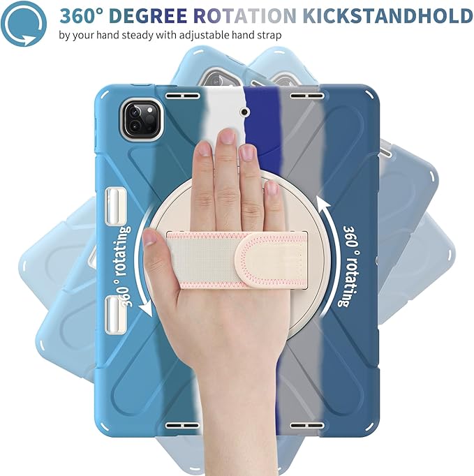 Batianda Case for iPad Pro 13-inch 2025 M5 2024 M4 Chip Heavy Duty Rugged Durability Silicone Tablet Cover with 360° Rotating Hand Strap Foldable Hidden Stand &amp Shoulder Strap Colorful Blue