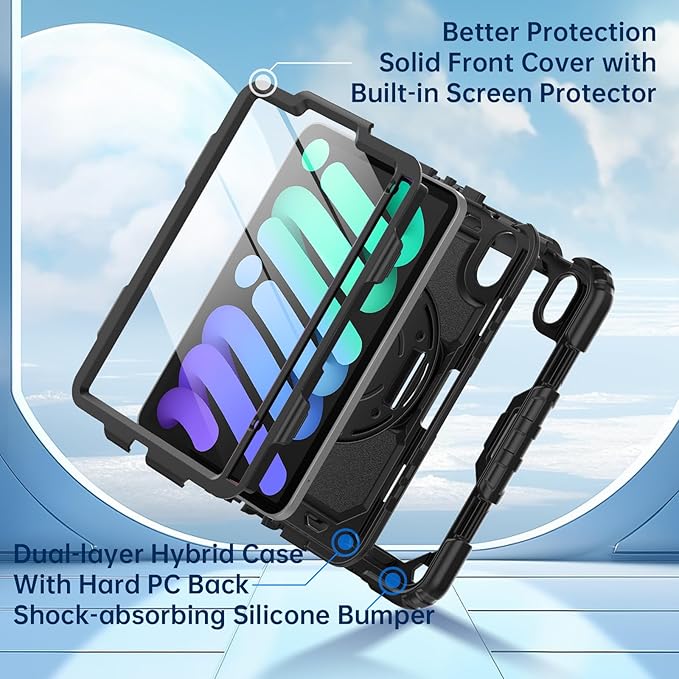 Timecity Case for iPad mini 7/6-8.3 inch for iPad mini 7th/6th Generation Case: Full-Body Shockproof Protective with Built-in Screen Protector Foldable Kickstand Pencil Holder- Black