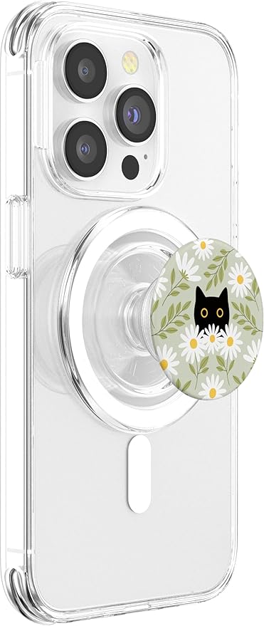 Cute Daisy Flower Floral Black Cat Sage Green Women Girls PopSockets PopGrip for MagSafe