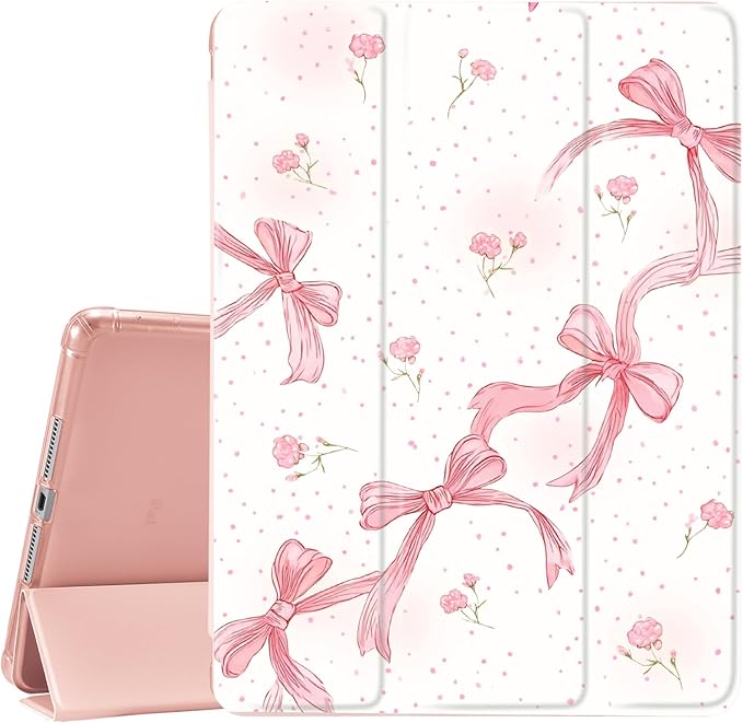JOYLAND Cute Pink Bow Case for iPad 9th/8th/7th Generation 10.2 inch (2021/2020/2019) with Pencil HolderTrifold Stand Protective Cover with Soft TPU BackPink