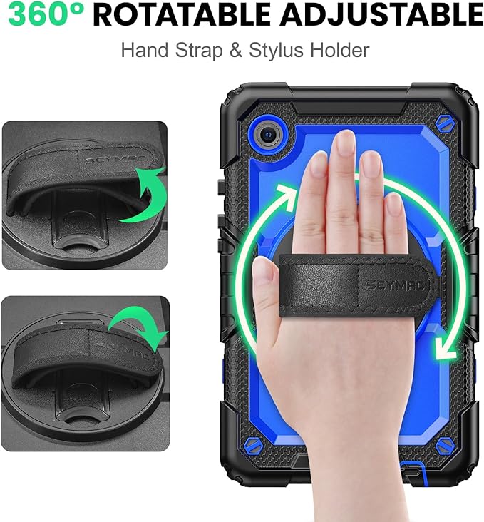 SEYMAC for Samsung Galaxy Tab A9 Case 8.7 Inch 2023 (SM-X110/X115/X117) Heavy Duty Shockproof Protective Case with Screen Protector Rotating Stand Hand/Shoulder Strap and Pen Holder Blue